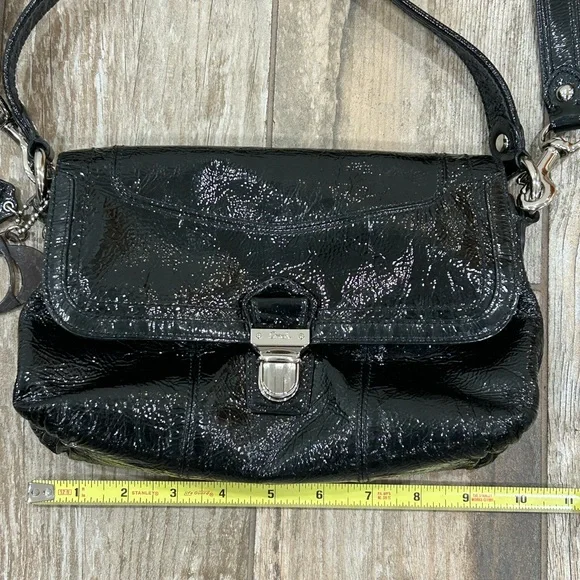 COACH POPPY GLOSSY PATENT LEATHER BAG PURSE 18161 BLACK 2 STRAPS CROSSBODY - Picture 2 of 15